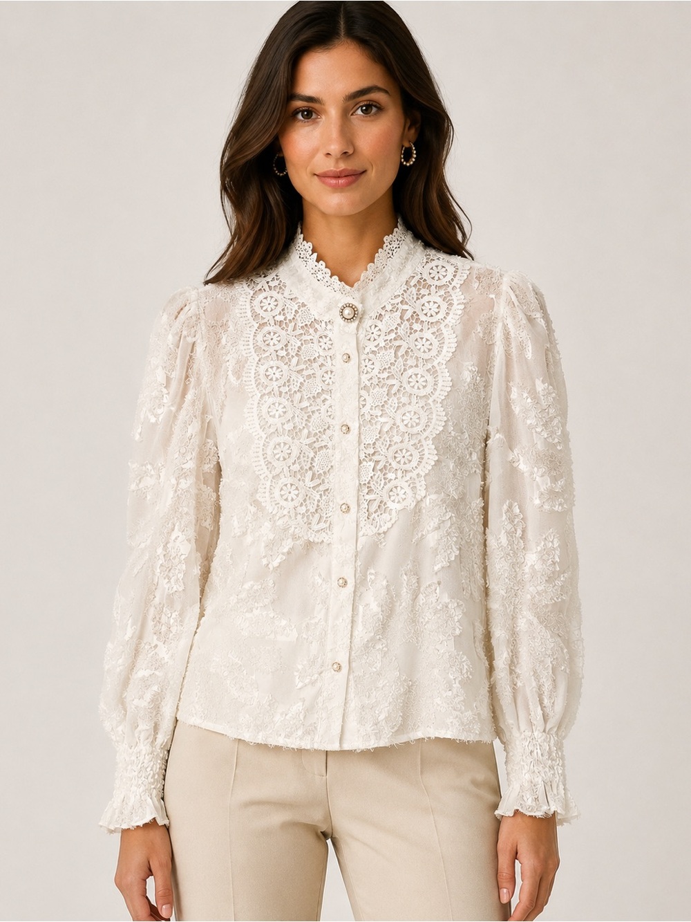 Awesome J Ivory Victorian Lace Pearl Button Blouse – Size S/M